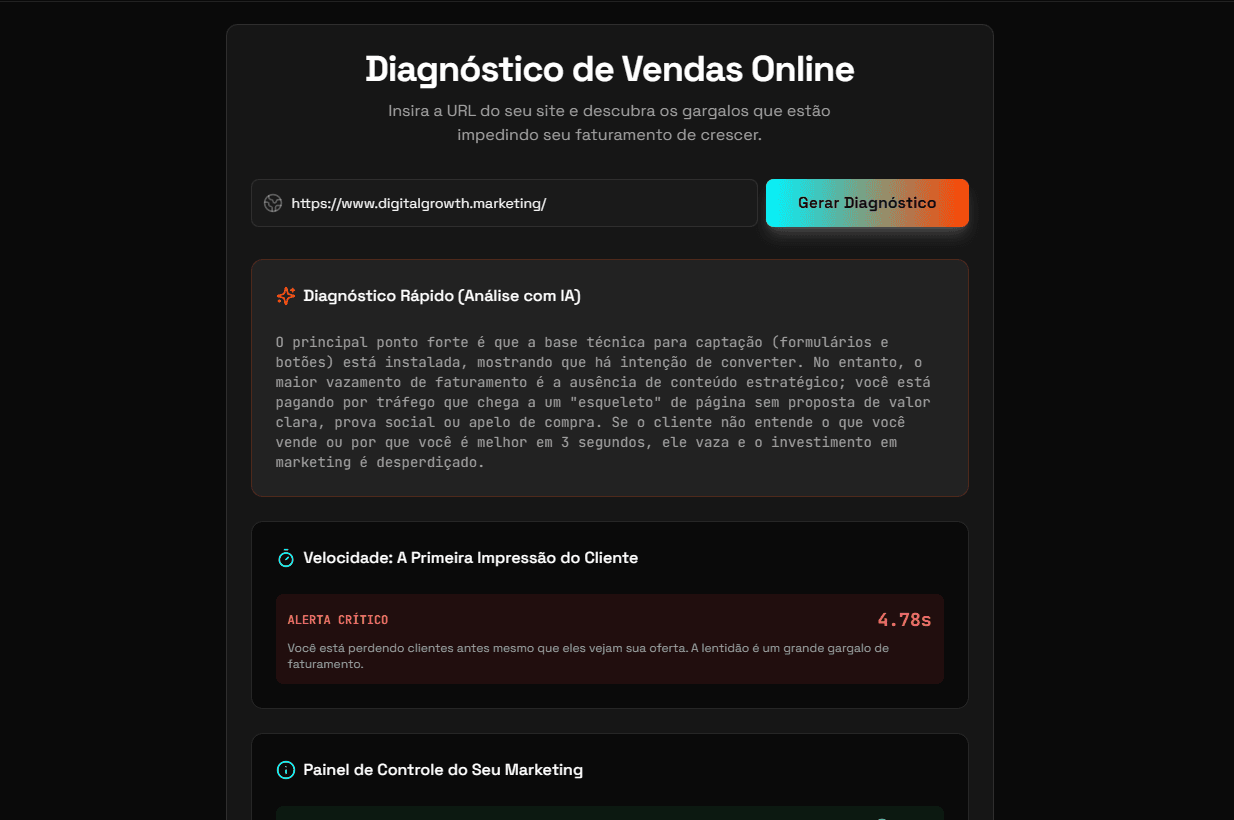 Imagem da ferramenta de diagnostico de sites da Seabra Marketing